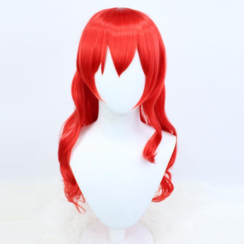 Red Long Curly Wig With Hair Bun Synthetic Wig Anime Cosplay Halloween Party