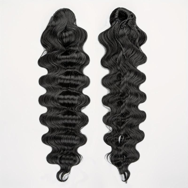 Long Deep Wave Ponytail Extensions Synthetic Fiber Drawstring Clip In Ponytail
