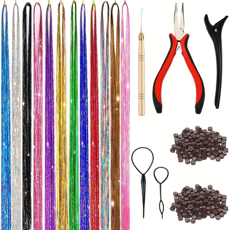12 Colors Fairy Hair Extensions Tinsel Kit With Tool