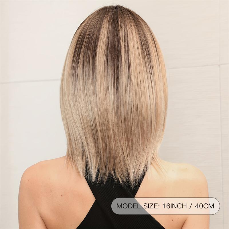 Long Beige Wig With Dark Roots Straight Middle Part Wigs For Women