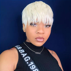 Honey Blonde Short Bob Human Hair Wig with Bangs