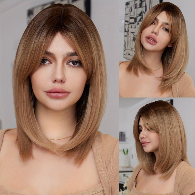 Ombre Shoulder Length Wig With Bangs Synthetic Wig