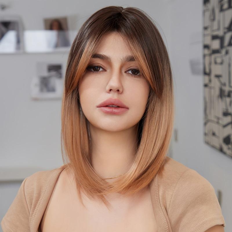 Ombre Shoulder Length Wig With Bangs Synthetic Wig
