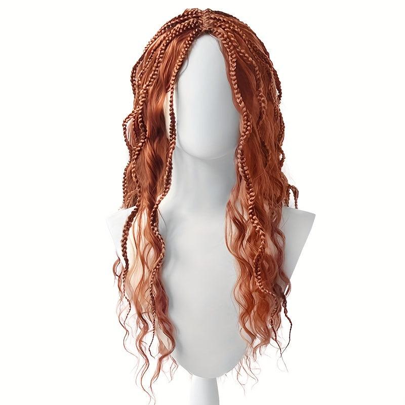 Brown Long Wavy Wig With Braids Synthetic Wig Anime Cosplay Wig