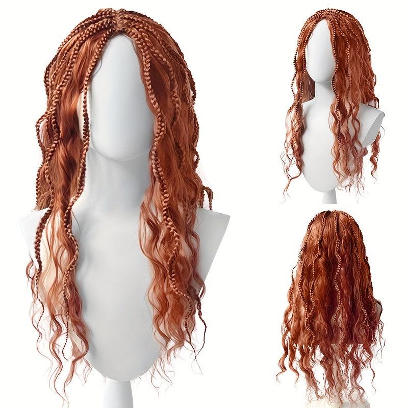 Brown Long Wavy Wig With Braids Synthetic Wig Anime Cosplay Wig