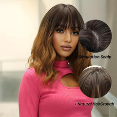 Short Bob Wavy Wig With Bangs Shoulder Length Synthetic Wigs For Women