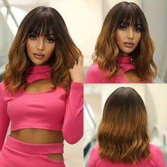 Short Bob Wavy Wig With Bangs Shoulder Length Synthetic Wigs For Women