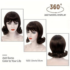Brown Retro Beehive Curl Hair Wig with Bangs for Women Daily 50s 70s Costume