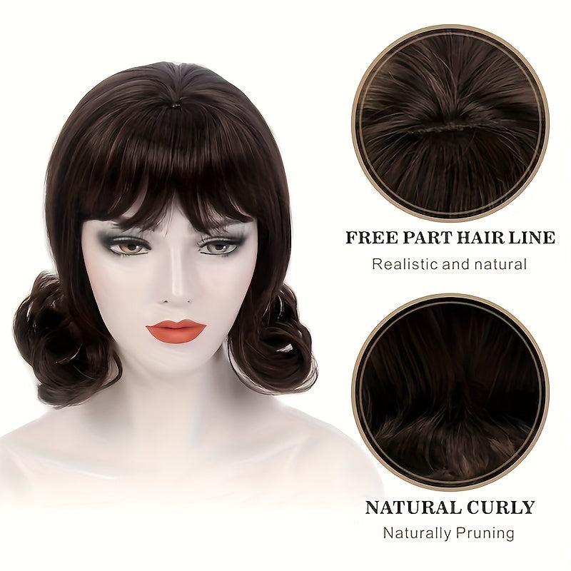 Brown Retro Beehive Curl Hair Wig with Bangs for Women Daily 50s 70s Costume