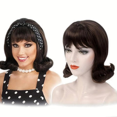 Brown Retro Beehive Curl Hair Wig with Bangs for Women Daily 50s 70s Costume