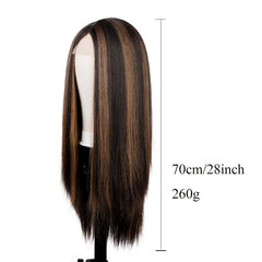 Long Curly Straight Lace Front Wig Dark Brown Mix Coffee Brown Synthetic Hair