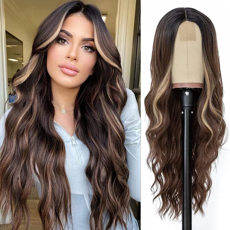Long Curly Straight Lace Front Wig Dark Brown Mix Coffee Brown Synthetic Hair