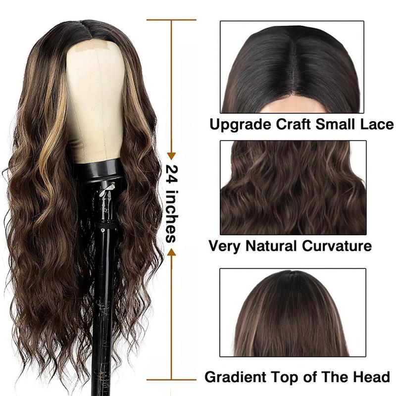 Long Curly Straight Lace Front Wig Dark Brown Mix Coffee Brown Synthetic Hair