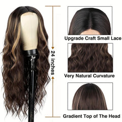 Long Curly Straight Lace Front Wig Dark Brown Mix Coffee Brown Synthetic Hair
