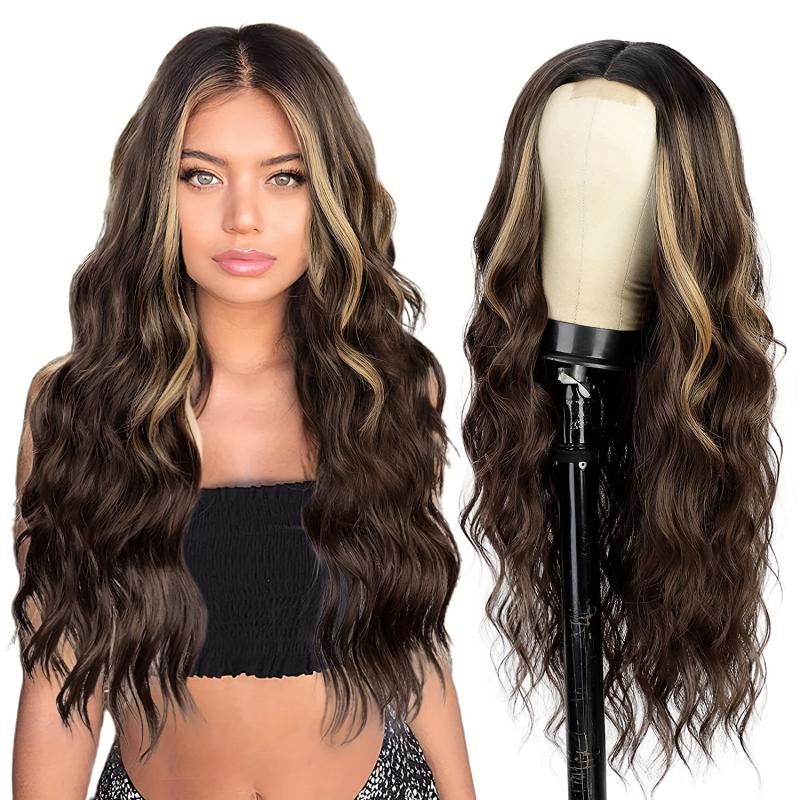 Long Curly Straight Lace Front Wig Dark Brown Mix Coffee Brown Synthetic Hair