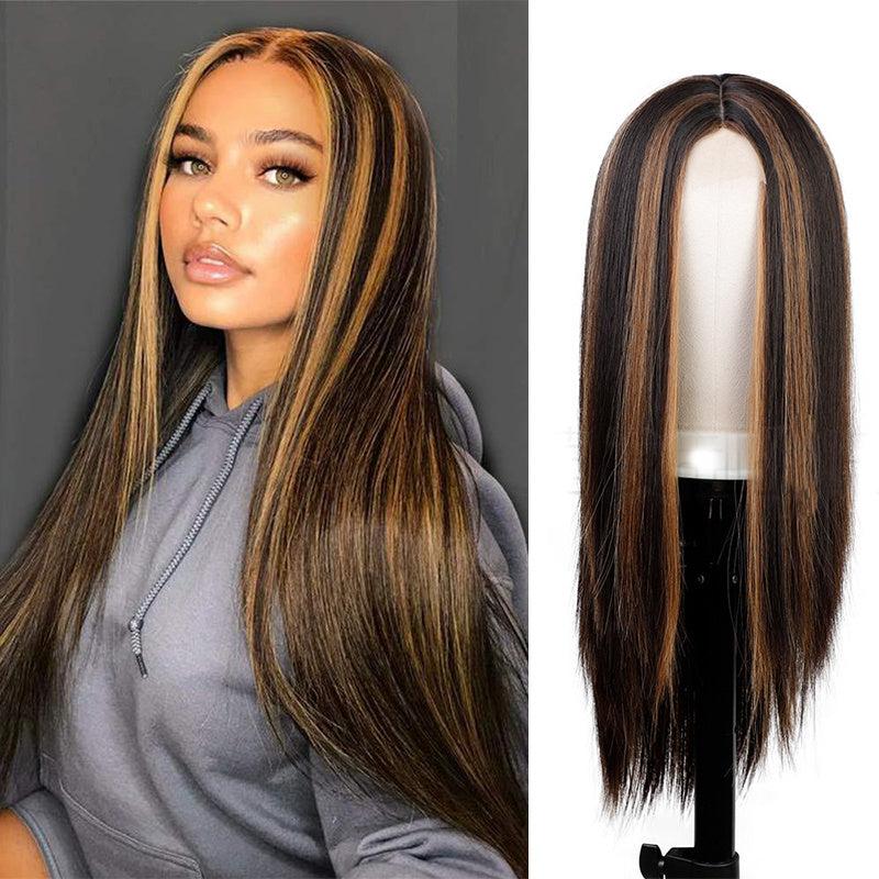 Long Curly Straight Lace Front Wig Dark Brown Mix Coffee Brown Synthetic Hair