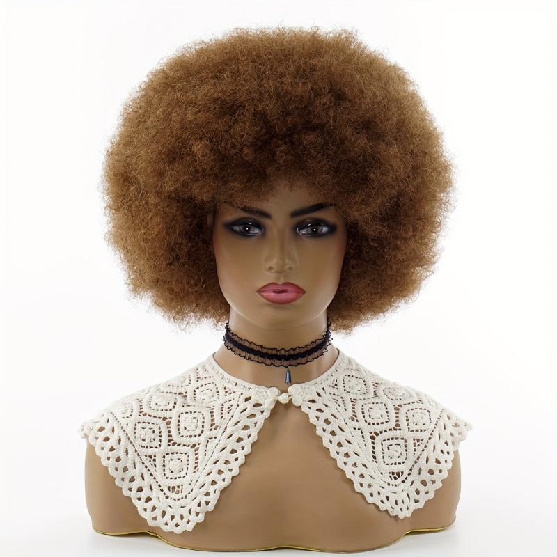Brown Short Curly 70s Afro Puff Wig for Women