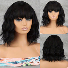 30 48 Cm Grey Short Bob Curly Wavy Hiar Wig With Bangs Synthetic Wavy Wig