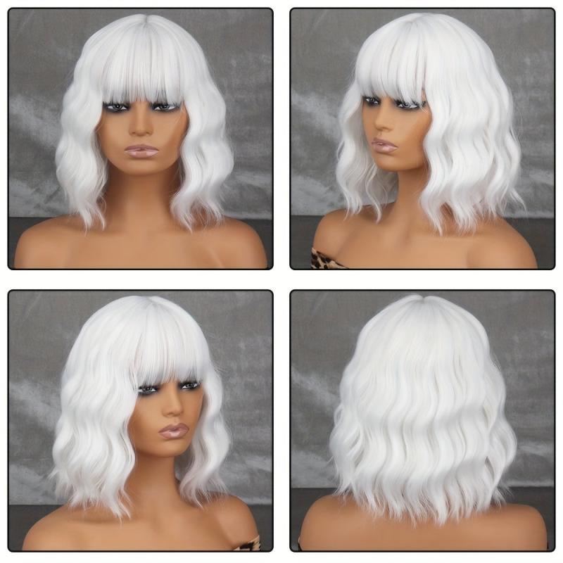 30 48 Cm Grey Short Bob Curly Wavy Hiar Wig With Bangs Synthetic Wavy Wig