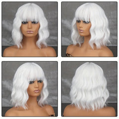 30 48 Cm Grey Short Bob Curly Wavy Hiar Wig With Bangs Synthetic Wavy Wig