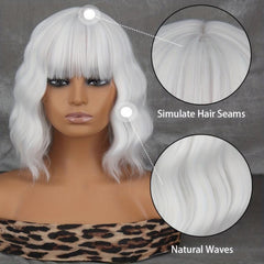 30 48 Cm Grey Short Bob Curly Wavy Hiar Wig With Bangs Synthetic Wavy Wig