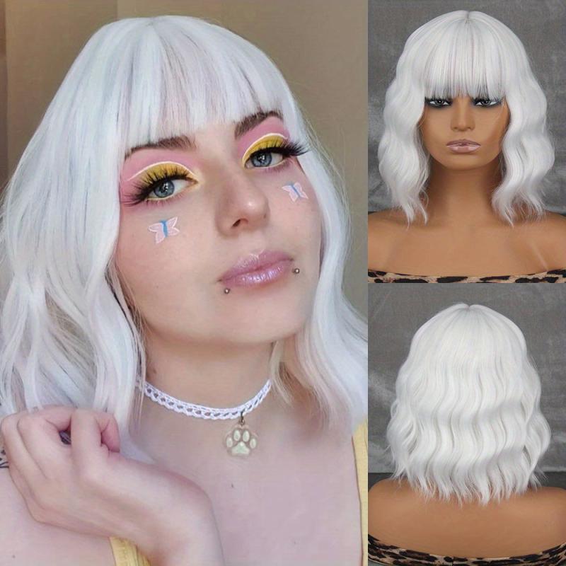 30 48 Cm Grey Short Bob Curly Wavy Hiar Wig With Bangs Synthetic Wavy Wig