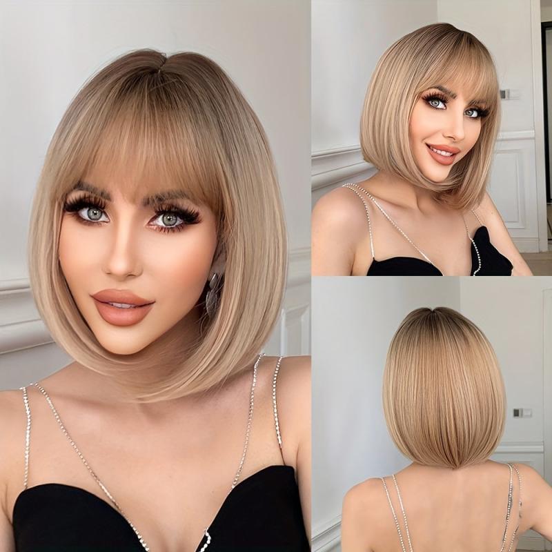 Brown Short Curly Wig with Bangs - Synthetic Bob Wig