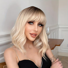 Brown Short Curly Wig with Bangs - Synthetic Bob Wig