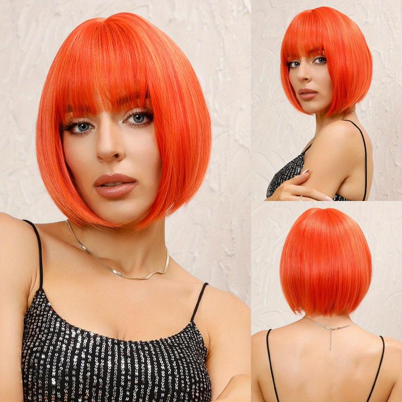 Short Straight Bob Cut Wig With Bangs Synthetic Wig Heat Resistant 130 Density