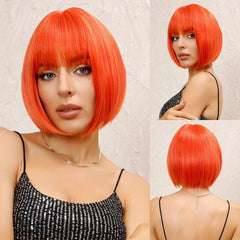 Short Straight Bob Cut Wig With Bangs Synthetic Wig Heat Resistant 130 Density