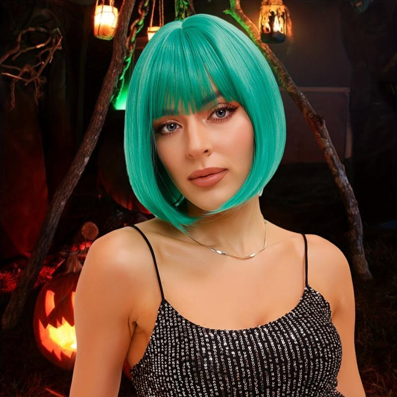 Short Straight Bob Cut Wig With Bangs Synthetic Wig Heat Resistant 130 Density