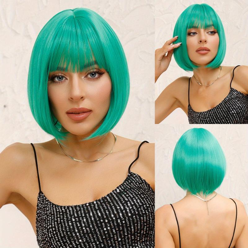 Short Straight Bob Cut Wig With Bangs Synthetic Wig Heat Resistant 130 Density