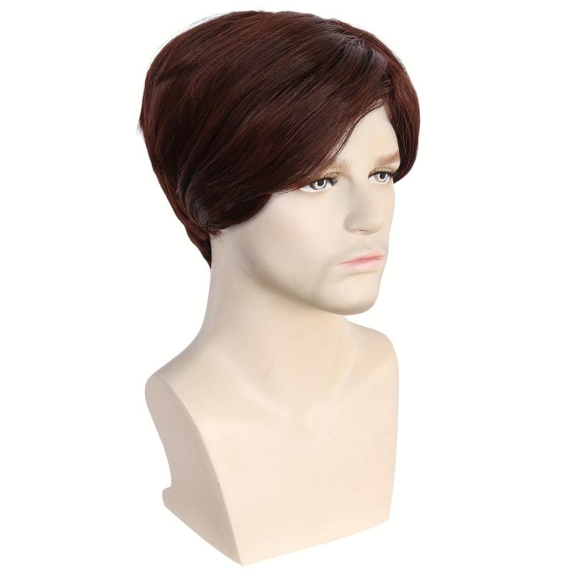 25cm Brown Short Straight Hair Wig Synthetic Fiber Hair Replacement Wig For Men