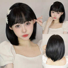 35 56 Cm Short Bob Wig Straight Wig With Neat Bangs Synthetic Wig With Fringe