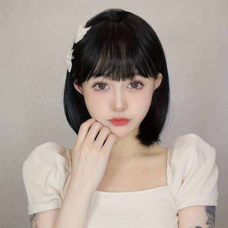 35 56 Cm Short Bob Wig Straight Wig With Neat Bangs Synthetic Wig With Fringe