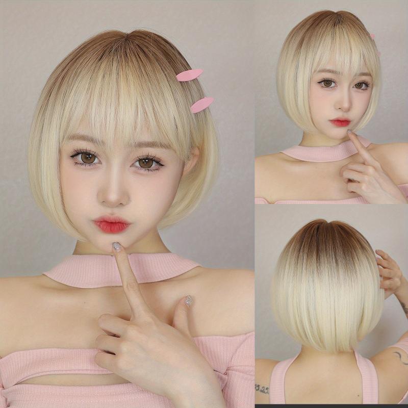 35 56 Cm Short Bob Wig Straight Wig With Neat Bangs Synthetic Wig With Fringe