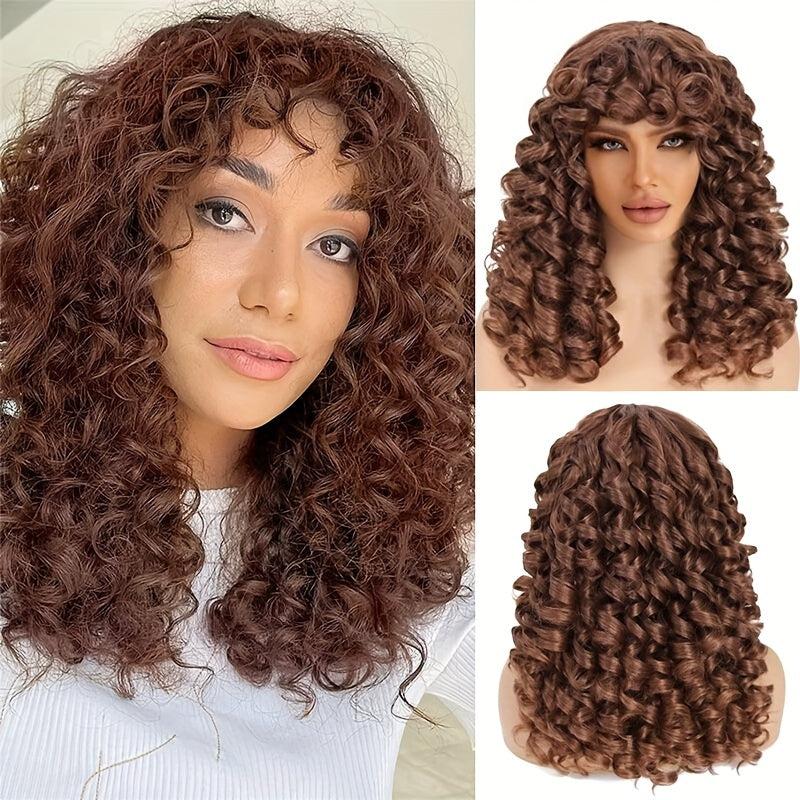 Shoulder Length Bob Curly Wigs for Women with Bangs