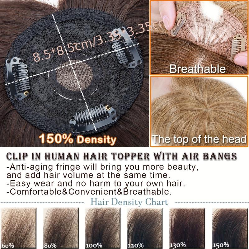Human Hair Topper with Bangs 100% Real Human Hair for Thinning Loss Hair