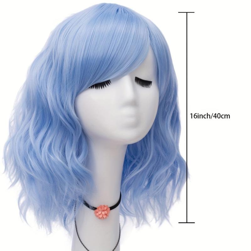 Pink Wavy Synthetic Wig Short Bob Bangs Curly Shoulder Length Cosplay Daily Wig