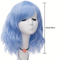Pink Wavy Synthetic Wig Short Bob Bangs Curly Shoulder Length Cosplay Daily Wig