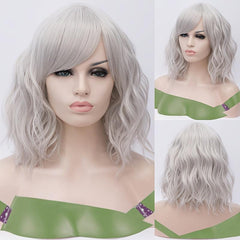 Pink Wavy Synthetic Wig Short Bob Bangs Curly Shoulder Length Cosplay Daily Wig