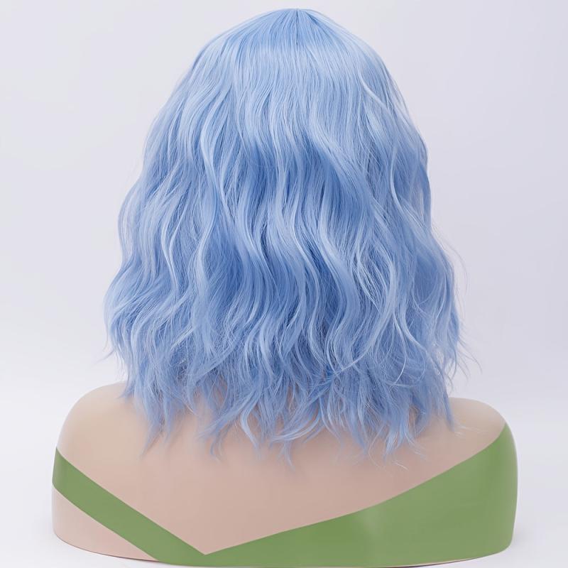 Pink Wavy Synthetic Wig Short Bob Bangs Curly Shoulder Length Cosplay Daily Wig
