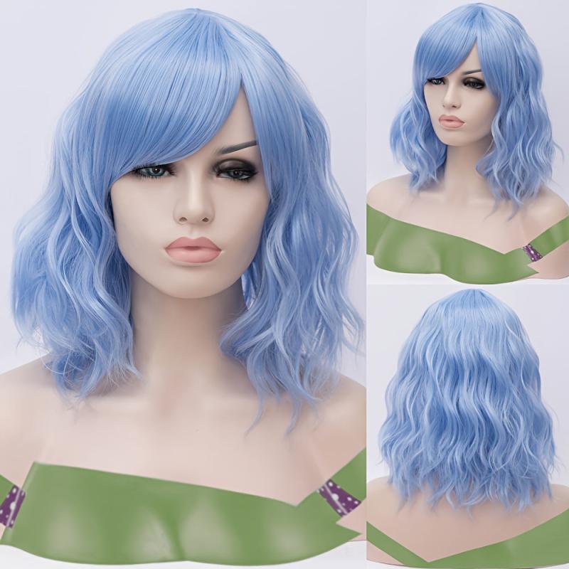 Pink Wavy Synthetic Wig Short Bob Bangs Curly Shoulder Length Cosplay Daily Wig