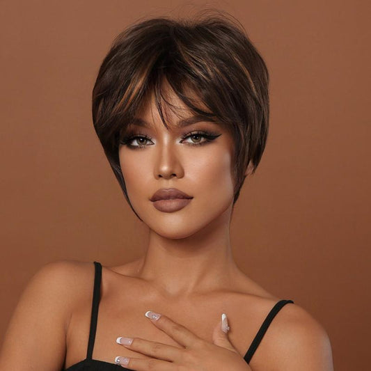 Brown and Blonde Short Bob Wig with Bangs Natural Hair Cosplay Wig