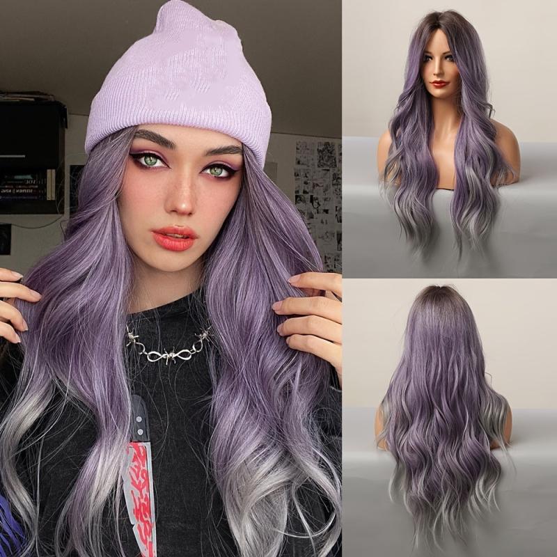 Ombre Purple Long Synthetic Wave Wigs Heat Resistant Cosplay Lolita