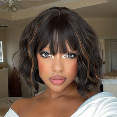 Short Bob Curly Wave Hair Wigs With Bangs Synthetic Hair for Women