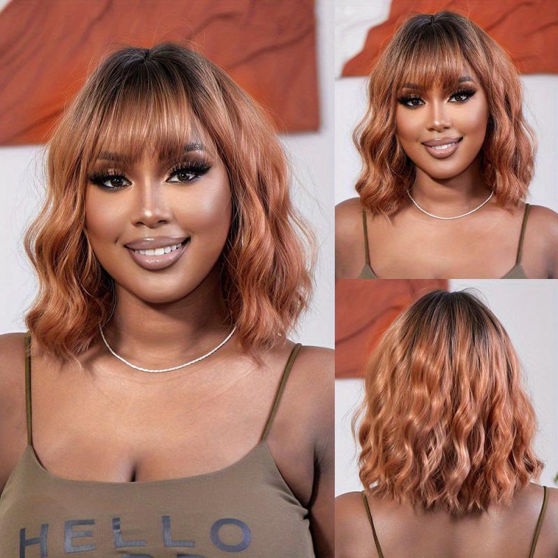 Short Bob Curly Wave Hair Wigs With Bangs Synthetic Hair for Women