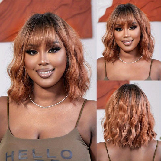Short Bob Curly Wave Hair Wigs With Bangs Synthetic Hair for Women