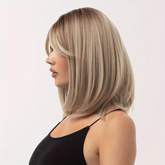 Brown Gray Shoulder Length Hair Wig with Bangs, Heat Resistant Fiber