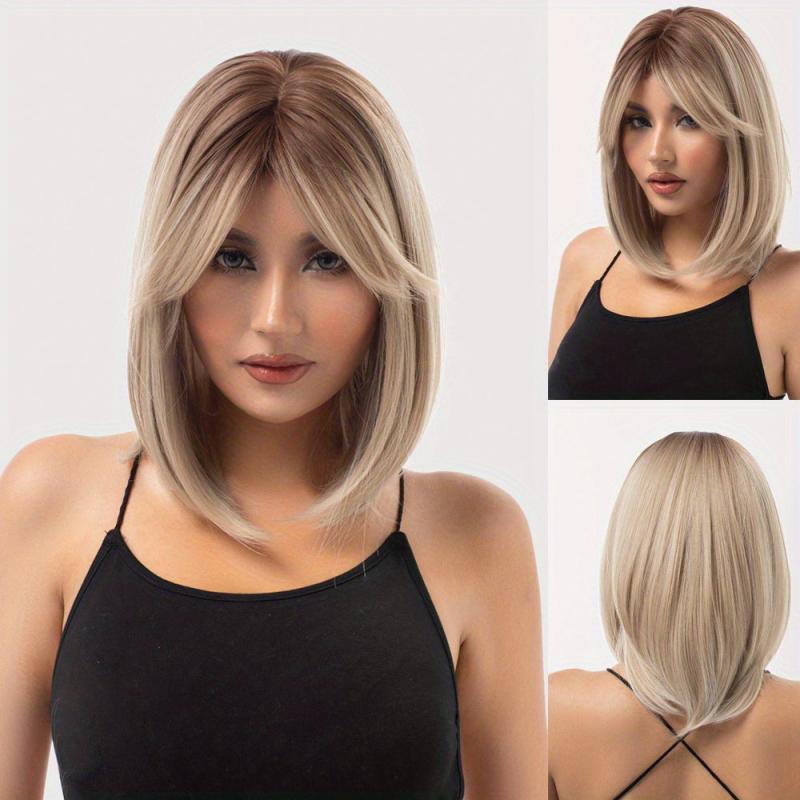 Brown Gray Shoulder Length Hair Wig with Bangs, Heat Resistant Fiber